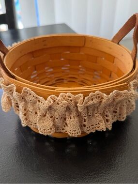 Longaberger Vintage Handwoven Basket Leather Handles Lace Trim Cottagecore 2000
